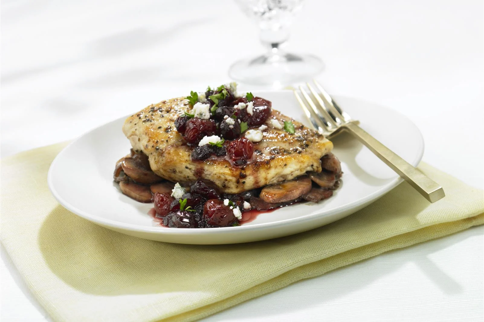 Pan Seared Chicken Breasts with Cherry Sauce and Bleu Cheese Crumbles